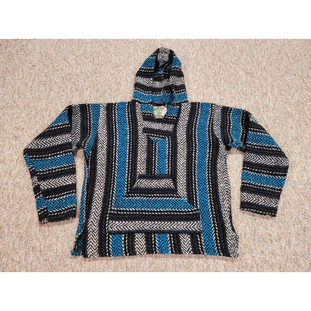 Baja Joe Rug Hoodie Mens XS Blue Grey Striped Pullover Hippie Surf Beach Casual